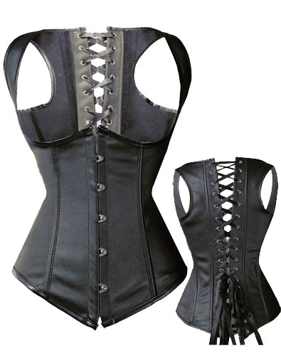 The corset is steel boned with front hook and eye fastenings