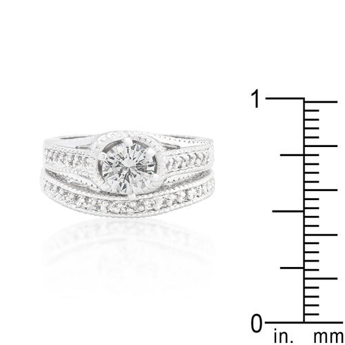 Genuine Rhodium Plated Art Deco Ring Set with Clear Round Cut Cubic ...